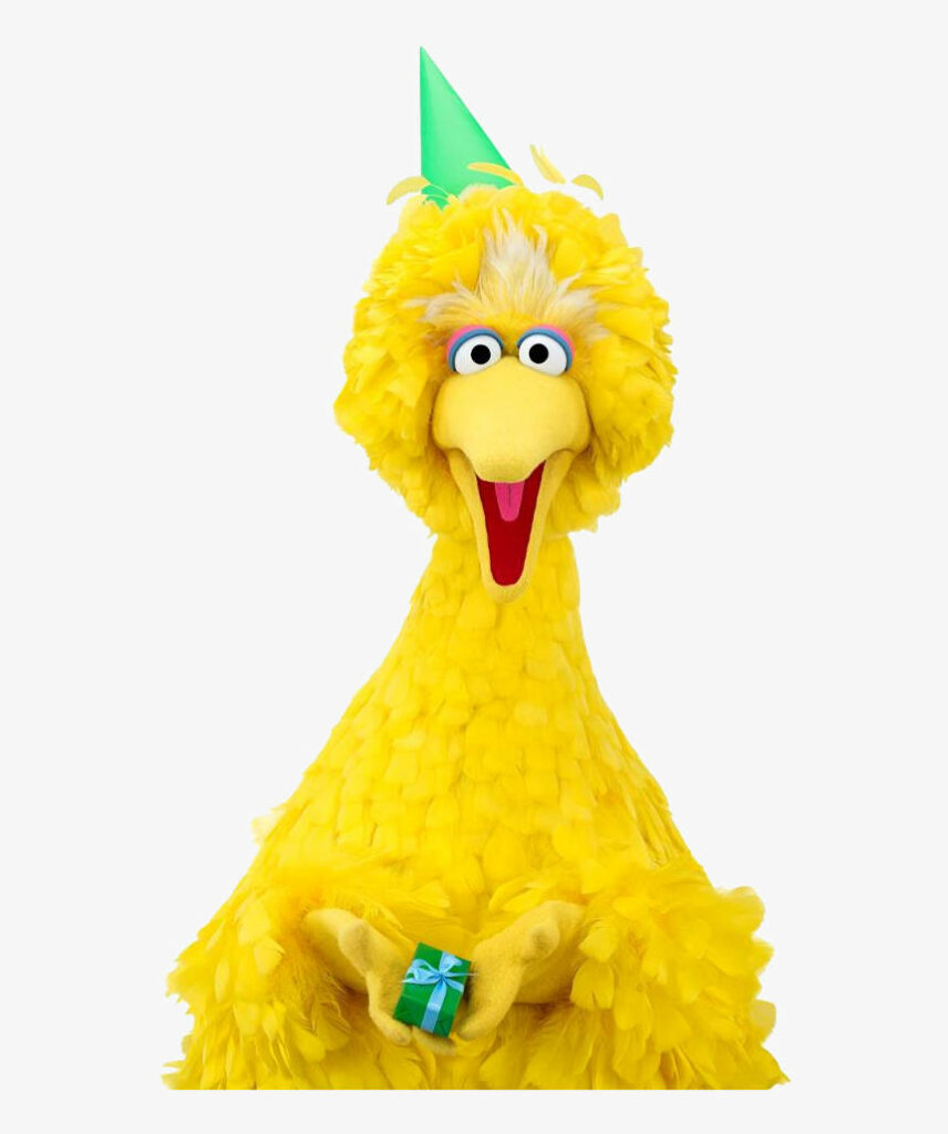 Big Bird celebrating birthday wearing green party hat holding gift cheerful festive wallpaper