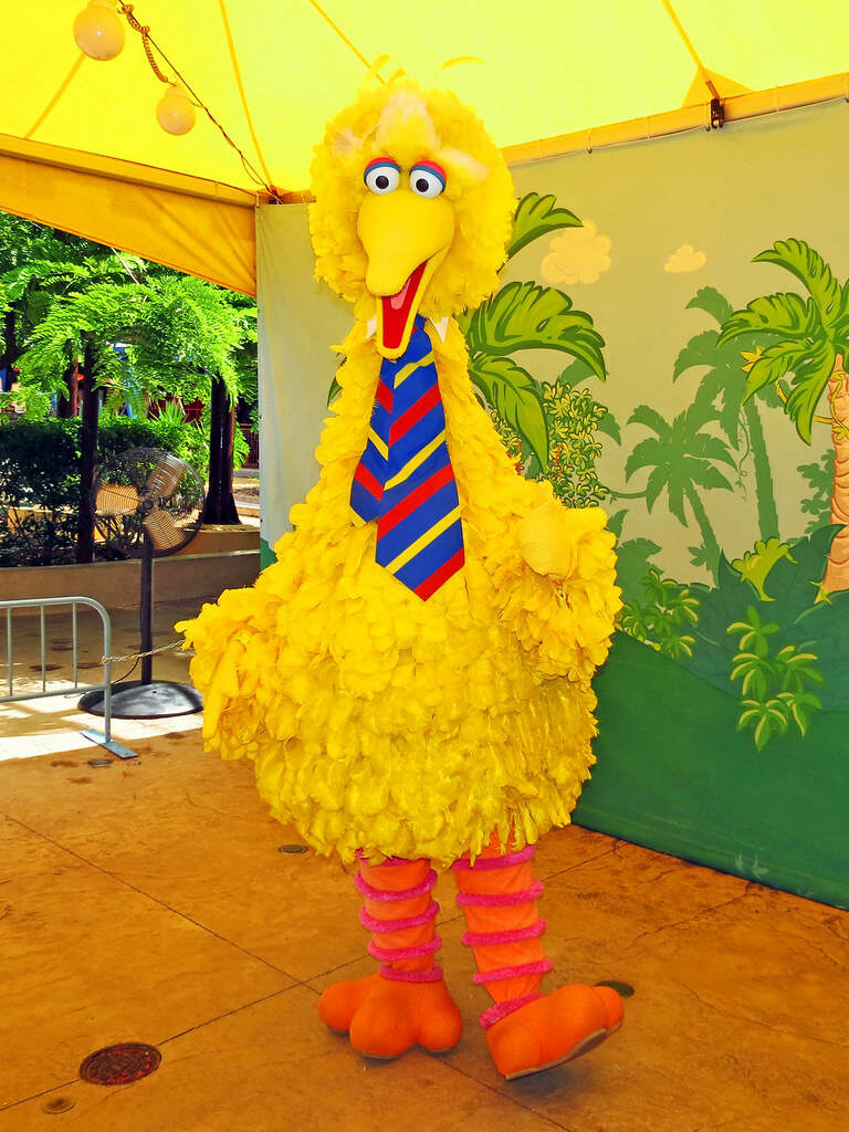 Big Bird cheerful pose yellow canopy colorful striped necktie vibrant jungle wallpaper background
