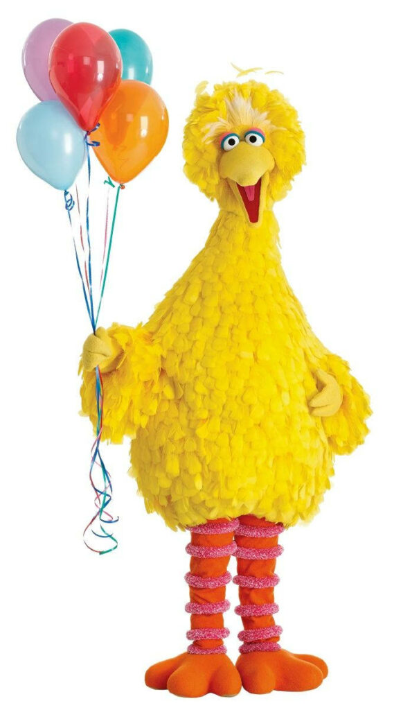 Big Bird holding colorful balloons cheerful bright wallpaper background for kids room decor