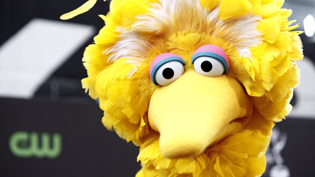 Close-up of Big Bird with bright yellow feathers and expressive eyes Sesame Street wallpaper background
