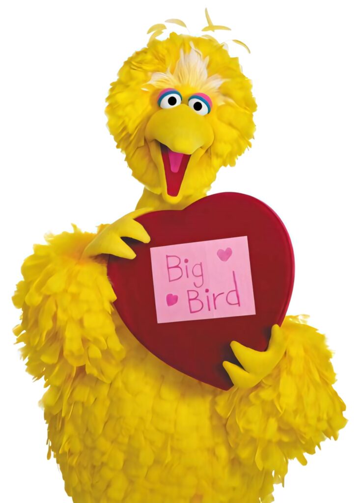 Big Bird holding large red heart with note spreading cheerful loving message wallpaper background
