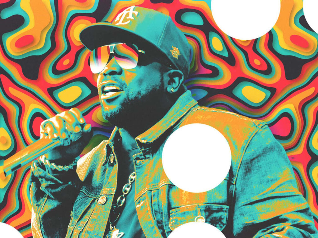 Big Boi vibrant wallpaper dynamic pose microphone colorful psychedelic background bold patterns