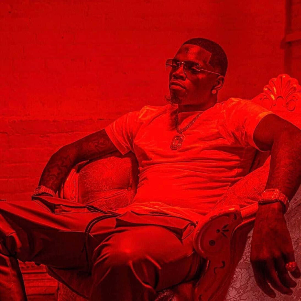 Big Boogie relaxing on ornate armchair in intense red lit room bold dramatic wallpaper background