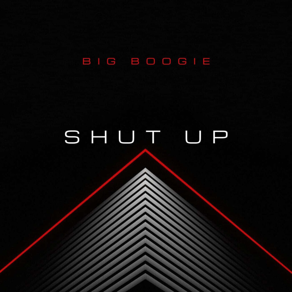Big Boogie Shut Up album cover wallpaper with bold text and geometric black red lines design