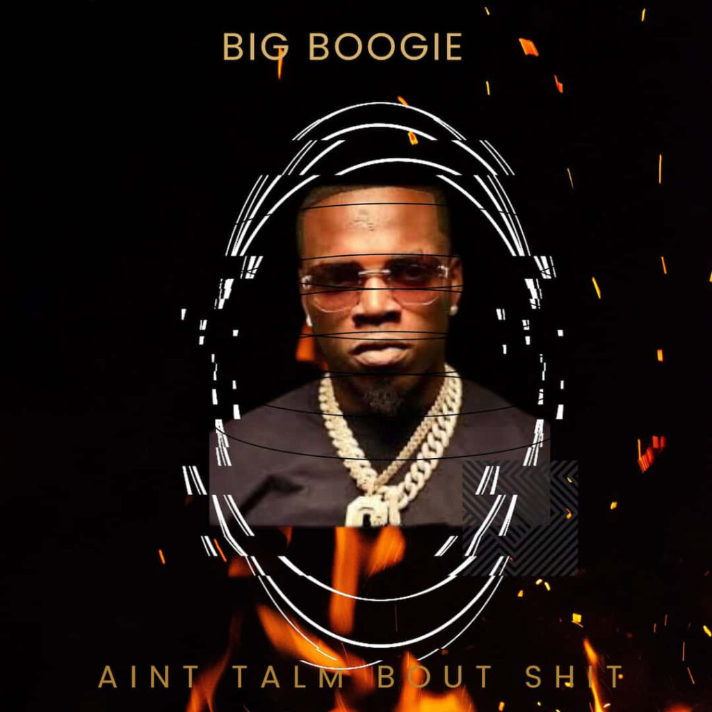 Big Boogie confident pose with gold chains sunglasses fiery flame background wallpaper