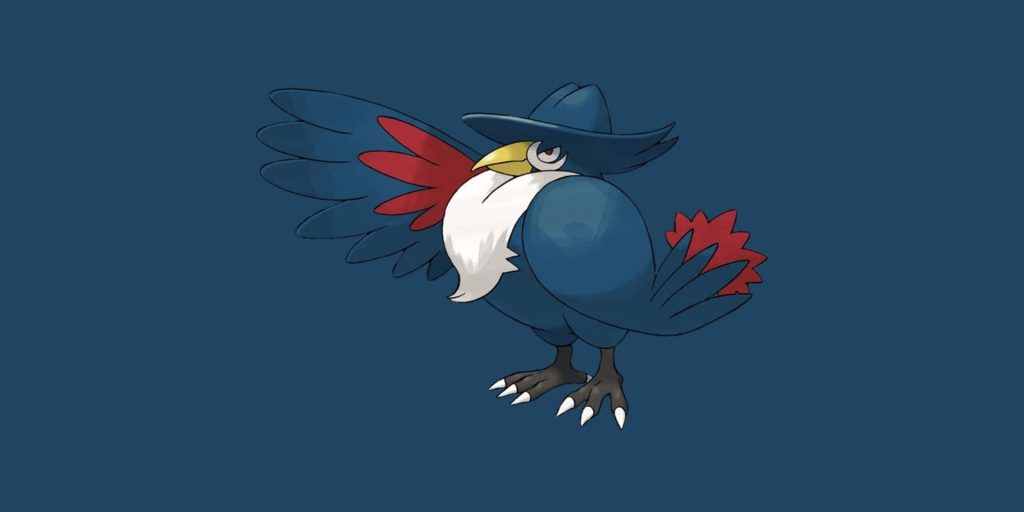 Navy blue Honchkrow wallpaper featuring Dark Flying type Pokémon with fedora crest and red wings