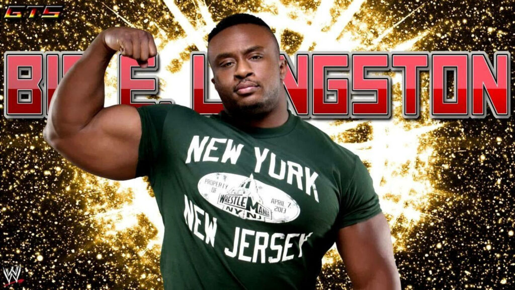 WWE superstar Big E Langston flexing muscular physique in front of red silver backdrop wallpaper