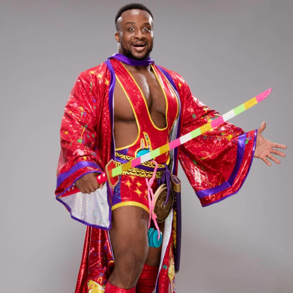 WWE Big E in vibrant samurai outfit with colorful robe and decorative sword striking pose Wallpaper
