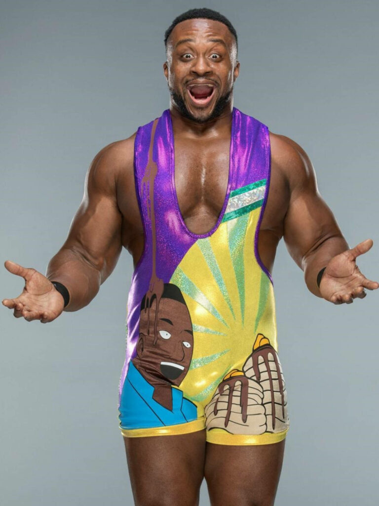 Big E in colorful wrestling singlet smiling playfully vibrant wallpaper background image