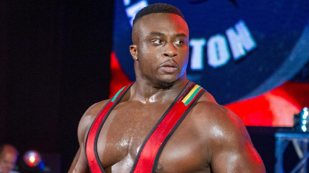 Wrestler Big E in red outfit showing intense focus and muscular physique wrestling wallpaper background