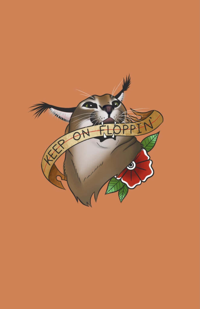 Playful Big Floppa caracal holding Keep On Floppin banner on bright orange wallpaper background