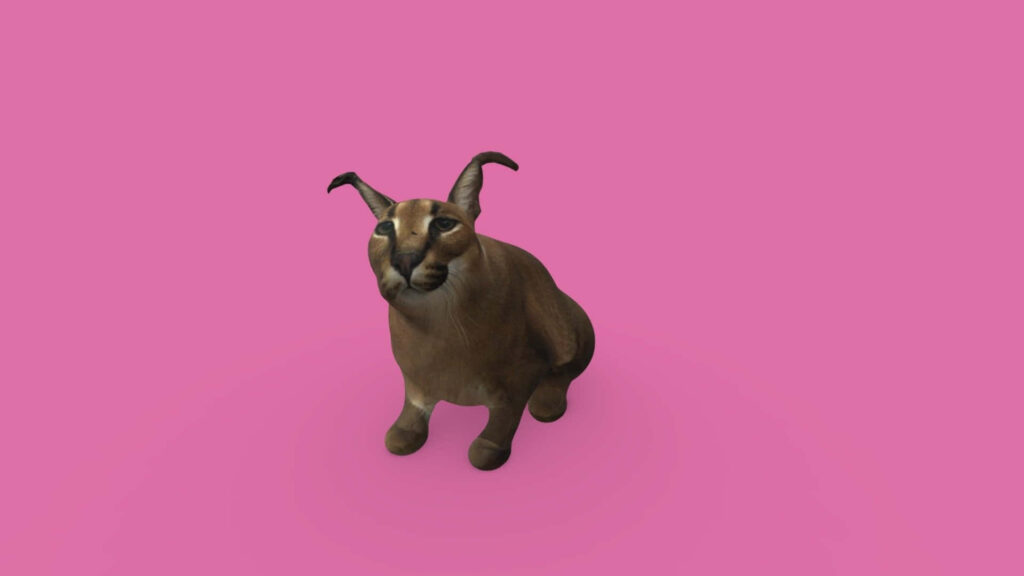 Big Floppa sitting against bright pink background playful meme inspired wallpaper design