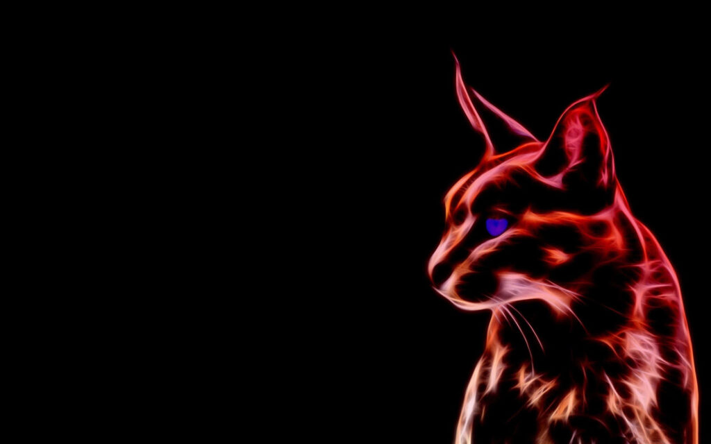 Big Floppa neon glow wallpaper with sharp features and bright blue eyes on black background