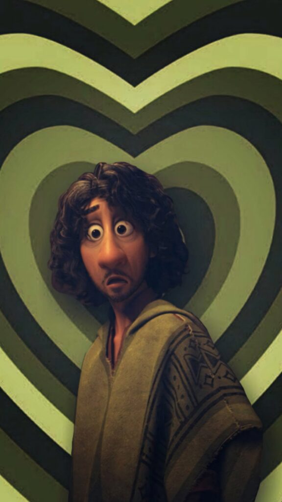 Bruno Madrigal from Encanto with green heart shapes whimsical cartoon wallpaper background