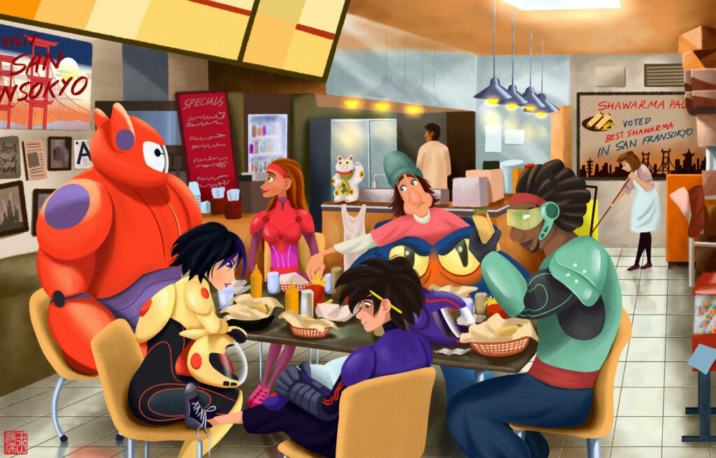 Big Hero 6 Team Enjoying Shawarma: Lively Wallpaper Background