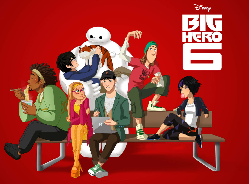 Big Hero 6 Characters Bench Wallpaper - Vibrant Red Background
