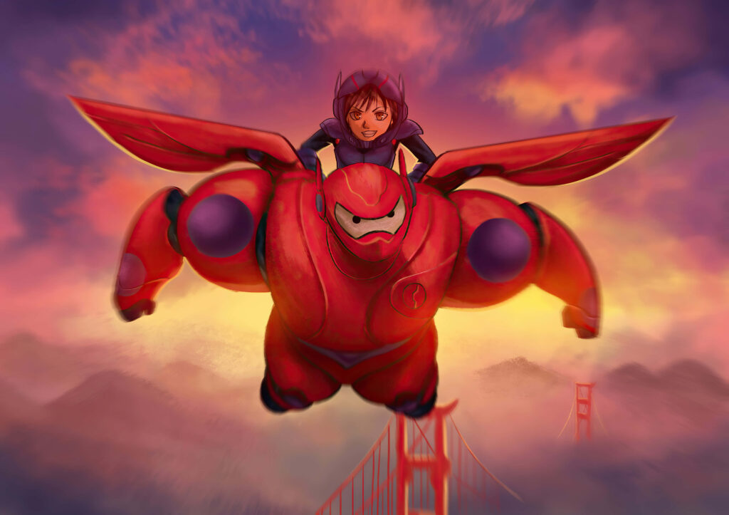 Colorful Big Hero 6 Wallpaper: Hiro & Baymax Soaring Above Golden Gate