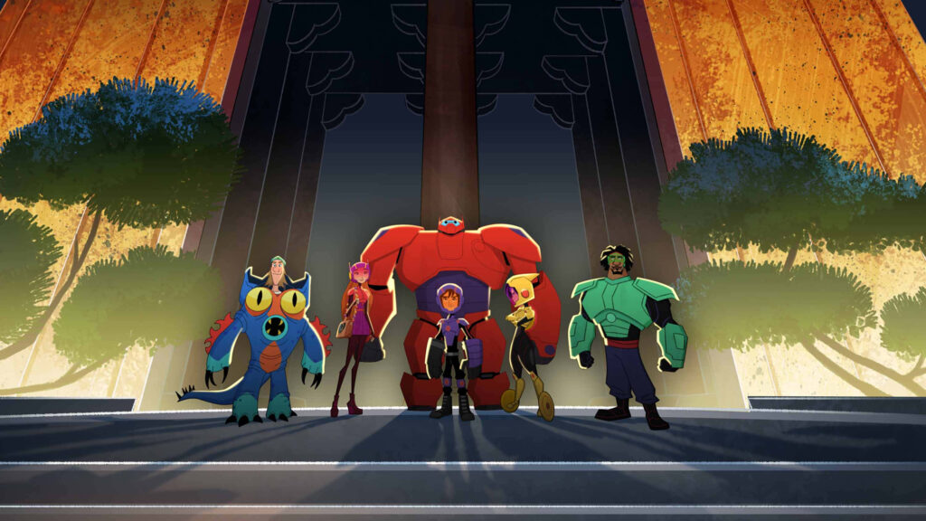 Big Hero 6 Wallpaper: United Team in Vibrant, Energetic Setting