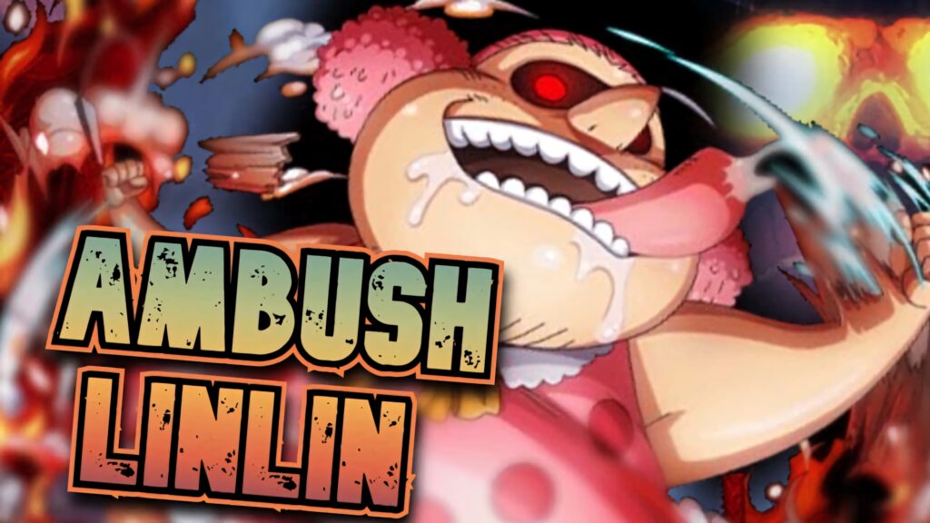 Big Mom Charlotte Linlin One Piece wallpaper with glowing red eyes fiery background and Ambush Linlin text