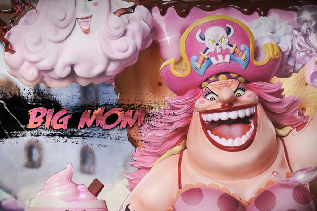 Big Mom One Piece wallpaper fierce expression pink attire swirling clouds candy elements background