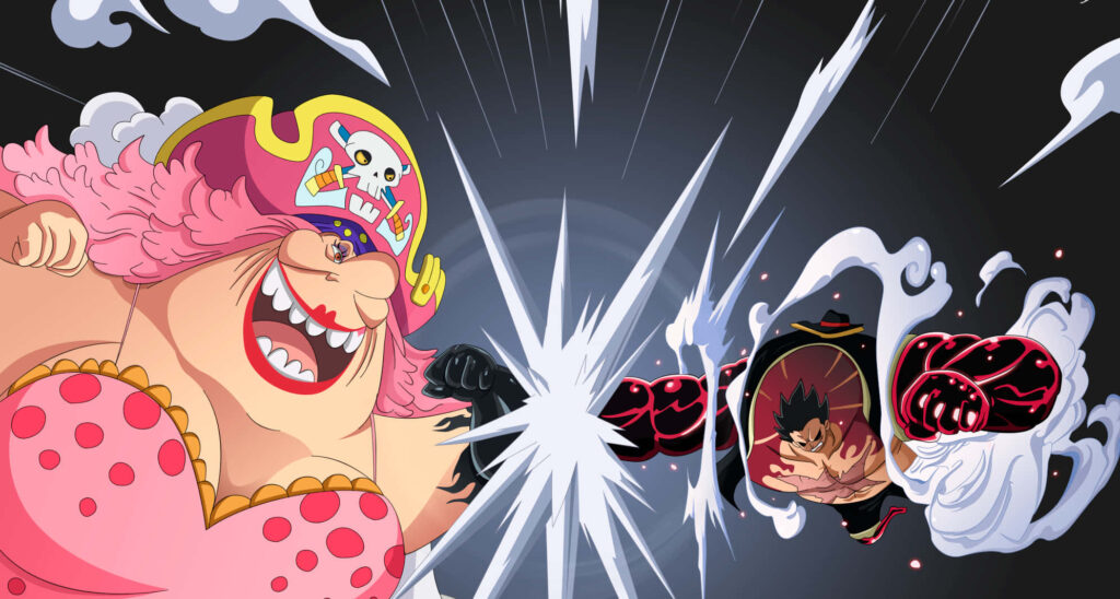 Big Mom faces Luffy Gear Fourth in vibrant One Piece wallpaper with dynamic action and bold colors