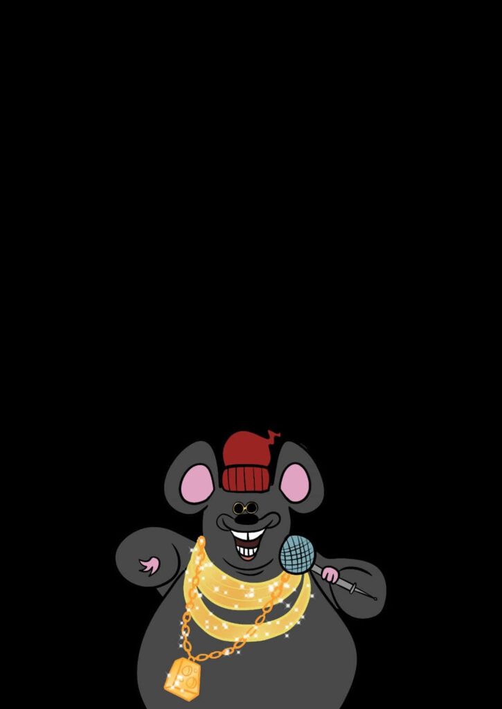 Biggie Cheese cartoon rapper mouse with gold chains and microphone on black wallpaper background