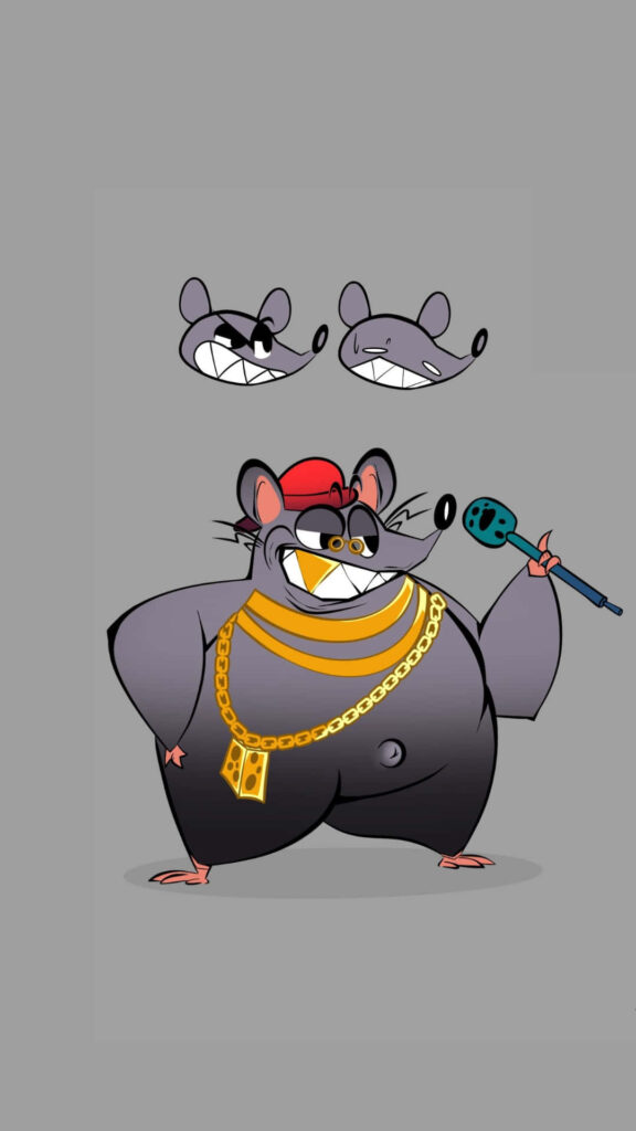 Biggie Cheese cartoon rapper with microphone gold chain red beanie on gray wallpaper background