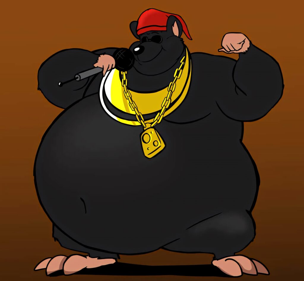 Biggie Cheese cartoon character rapping with red cap gold chain microphone on brown background Wallpaper