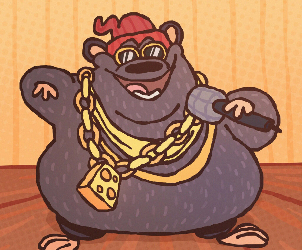 Biggie Cheese rapping on stage with sunglasses red beanie gold cheese necklace cartoon wallpaper