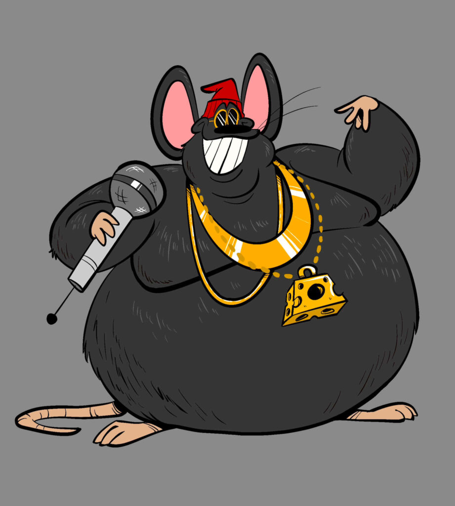 Biggie Cheese cartoon rat with microphone and gold cheese chain vibrant hip hop wallpaper background