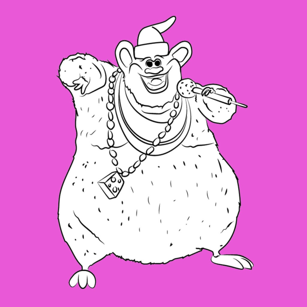 Playful Biggie Cheese illustration holding microphone with chunky jewelry on vibrant pink background Wallpaper