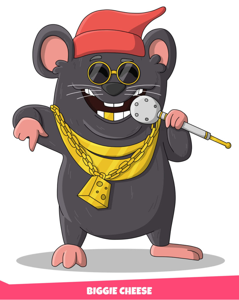 Biggie Cheese cartoon rapper mouse with gold chains sunglasses red hat holding microphone wallpaper