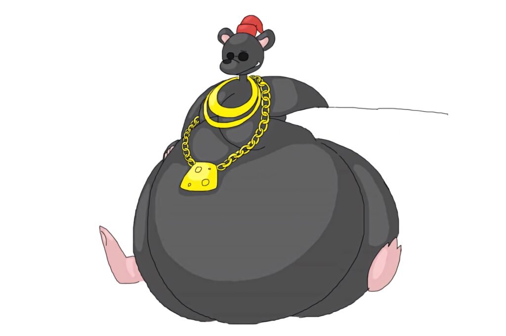 Cartoon Biggie Cheese rapper mouse with gold chain bold playful design wallpaper background