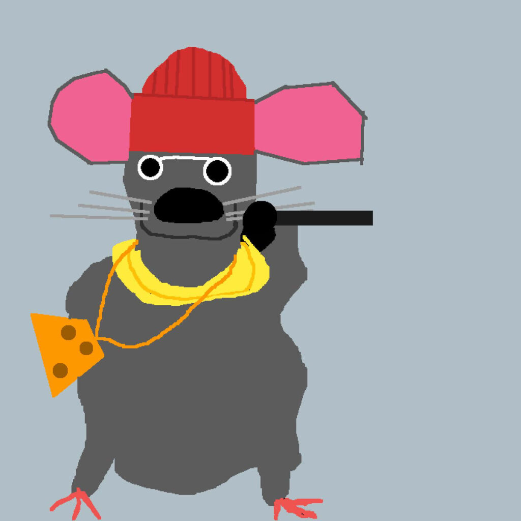 Biggie Cheese cartoon wallpaper with red beanie gold chain and microphone fun iconic style