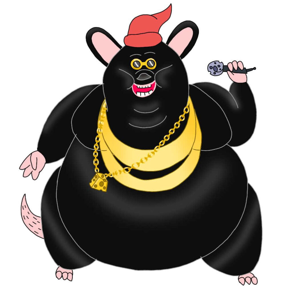 Biggie Cheese cartoon rapper mouse with gold chains red hat holding microphone wallpaper background