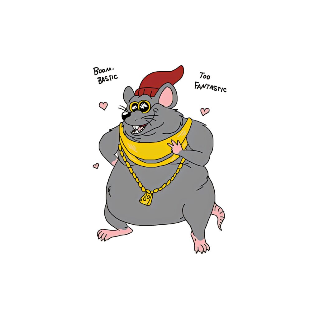 Biggie Cheese illustration wallpaper with gold chain red beanie glasses and playful hearts background