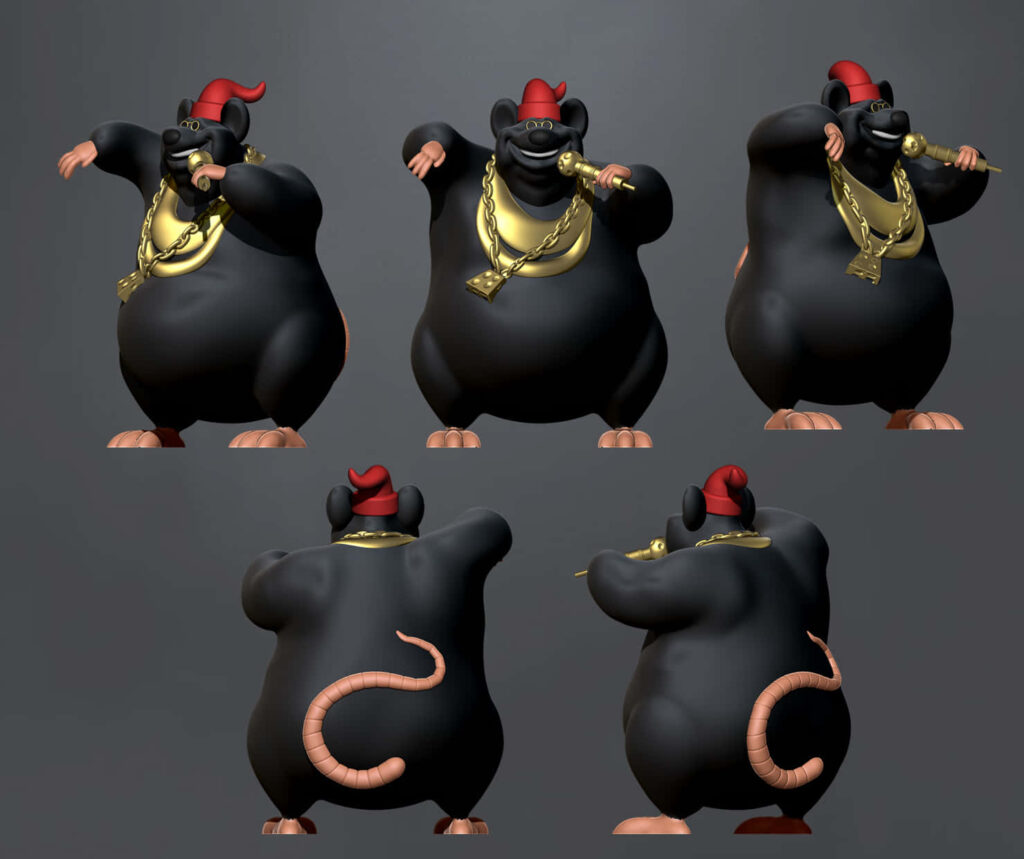 Biggie Cheese dynamic poses gold chain red hat confident attitude gray wallpaper background