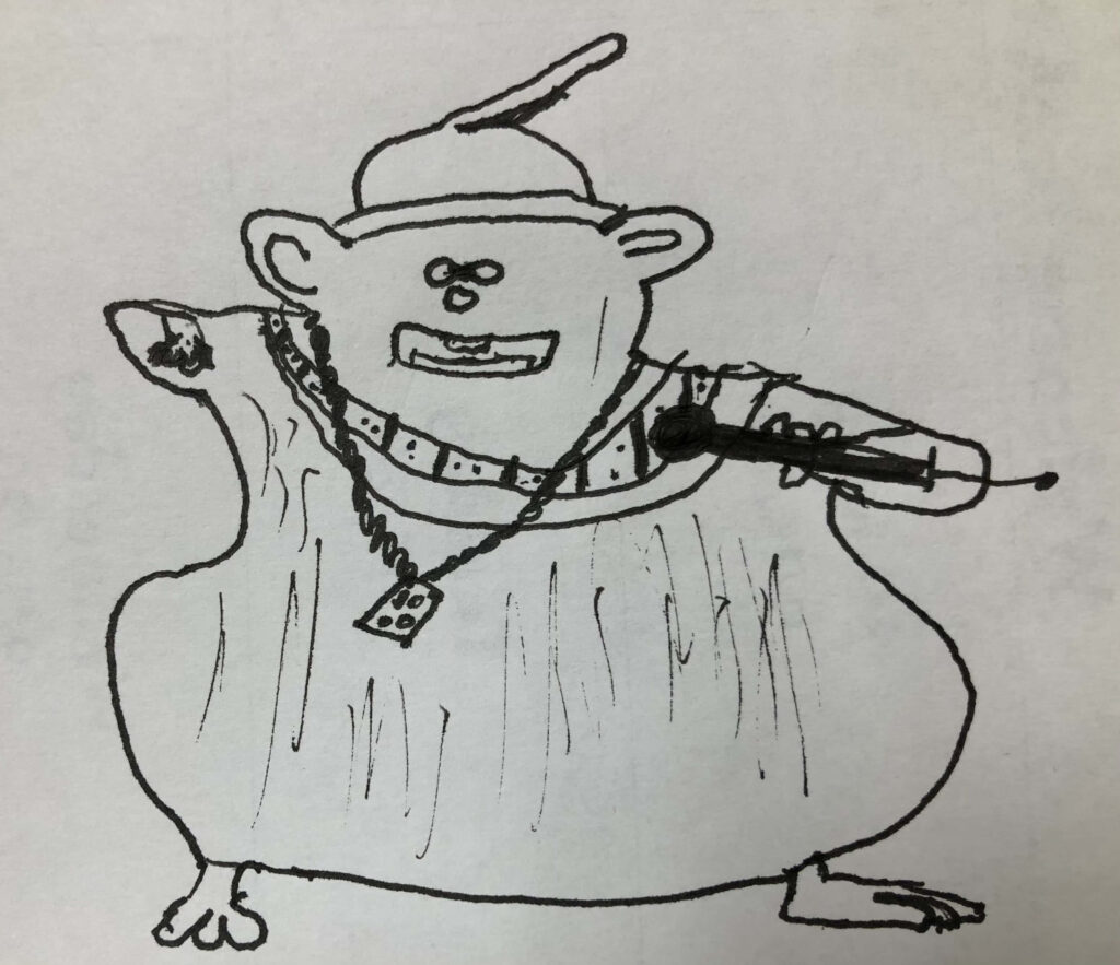 Hand drawn Biggie Cheese wallpaper with microphone hat and chain showcasing iconic style