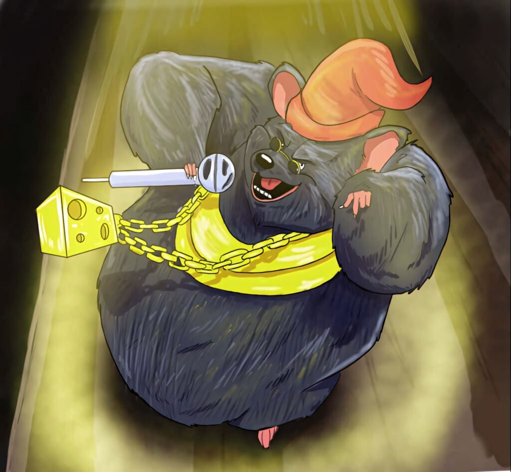 Biggie Cheese hip hop mouse performing on stage with mic and cheese bling under spotlights Wallpaper
