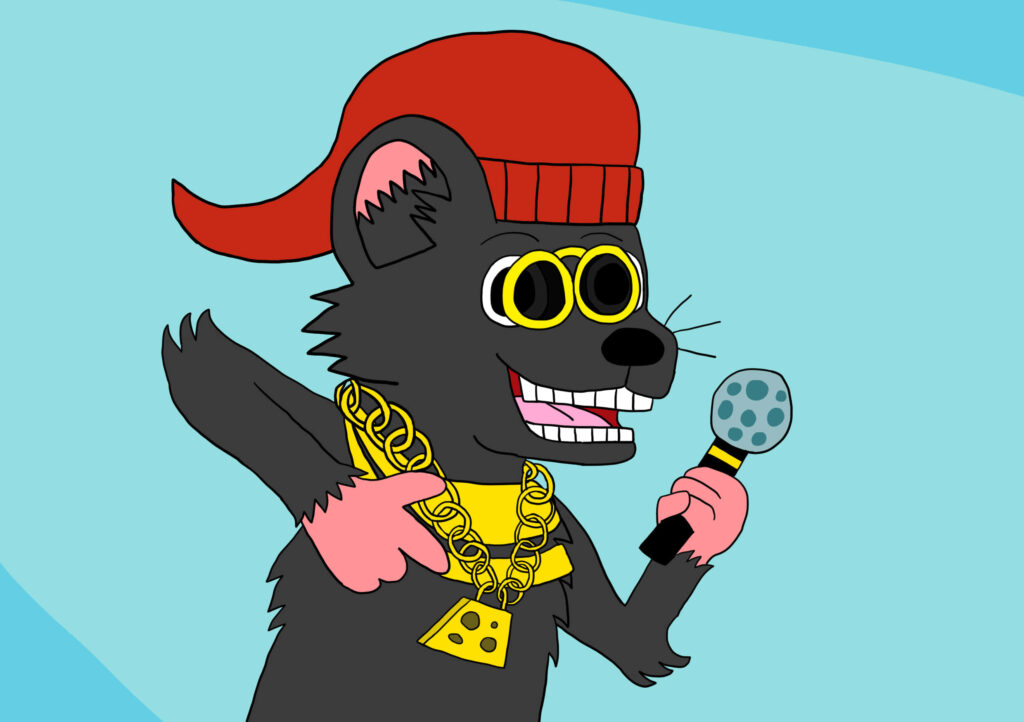 Biggie Cheese rapping mouse with gold chains sunglasses red cap holding microphone wallpaper background