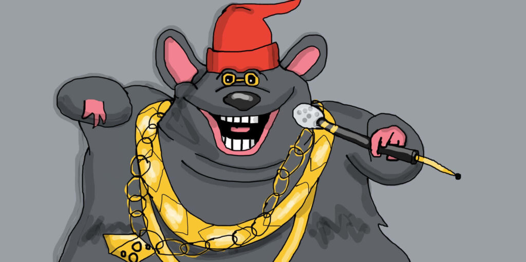 Biggie Cheese cartoon rapping with gold chains red beanie and microphone on grey wallpaper background