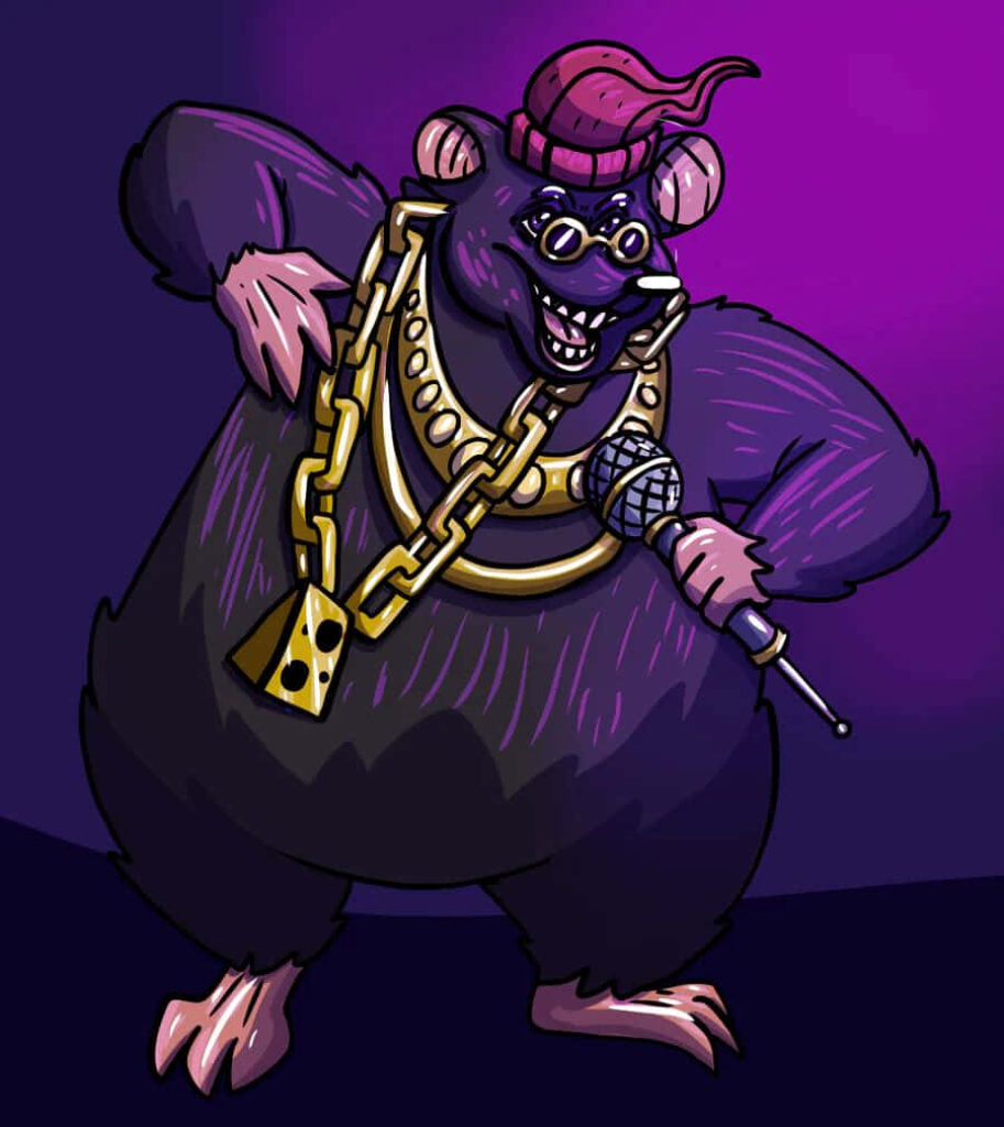 Biggie Cheese rapping mouse with gold chains and microphone on vibrant purple wallpaper background