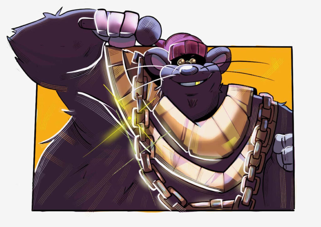 Biggie Cheese rapping with gold chain and microphone vibrant animated wallpaper background