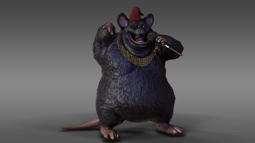 Biggie Cheese animated character rapping confidently with chain and microphone wallpaper background
