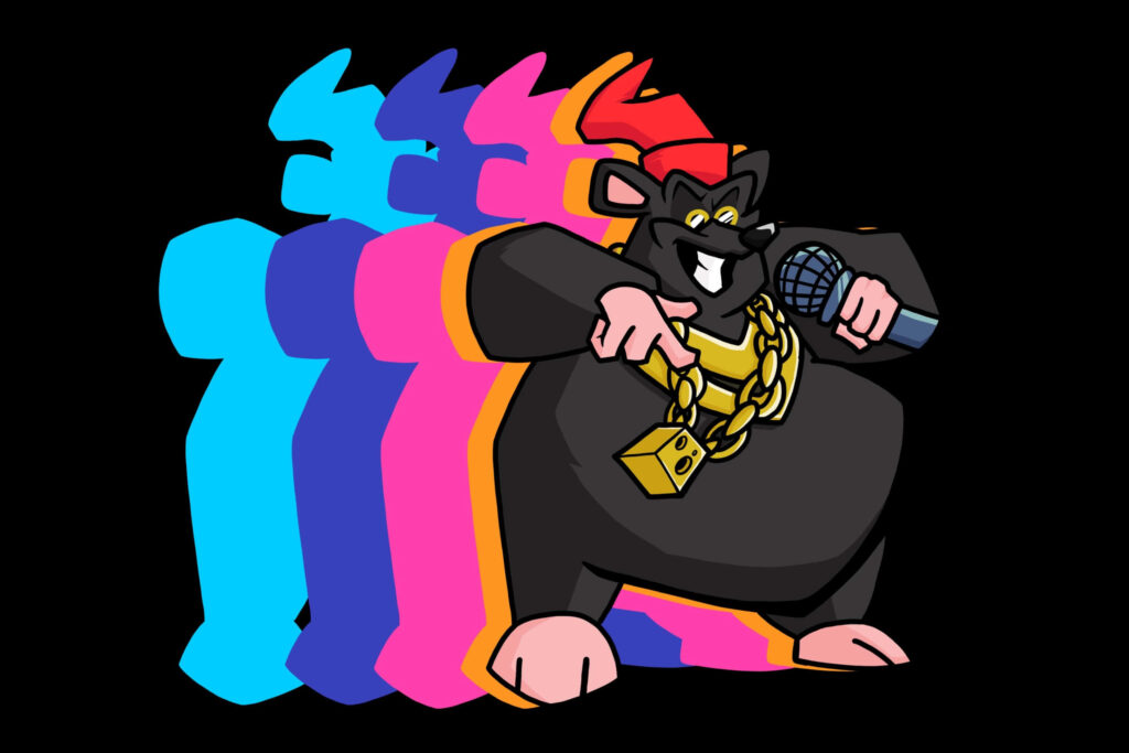 Biggie Cheese rapping with gold chain and sunglasses colorful animated wallpaper background