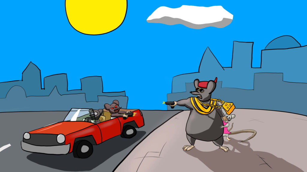Biggie Cheese points boldly on sidewalk at rival cartoon mice in red car in dramatic urban showdown Wallpaper