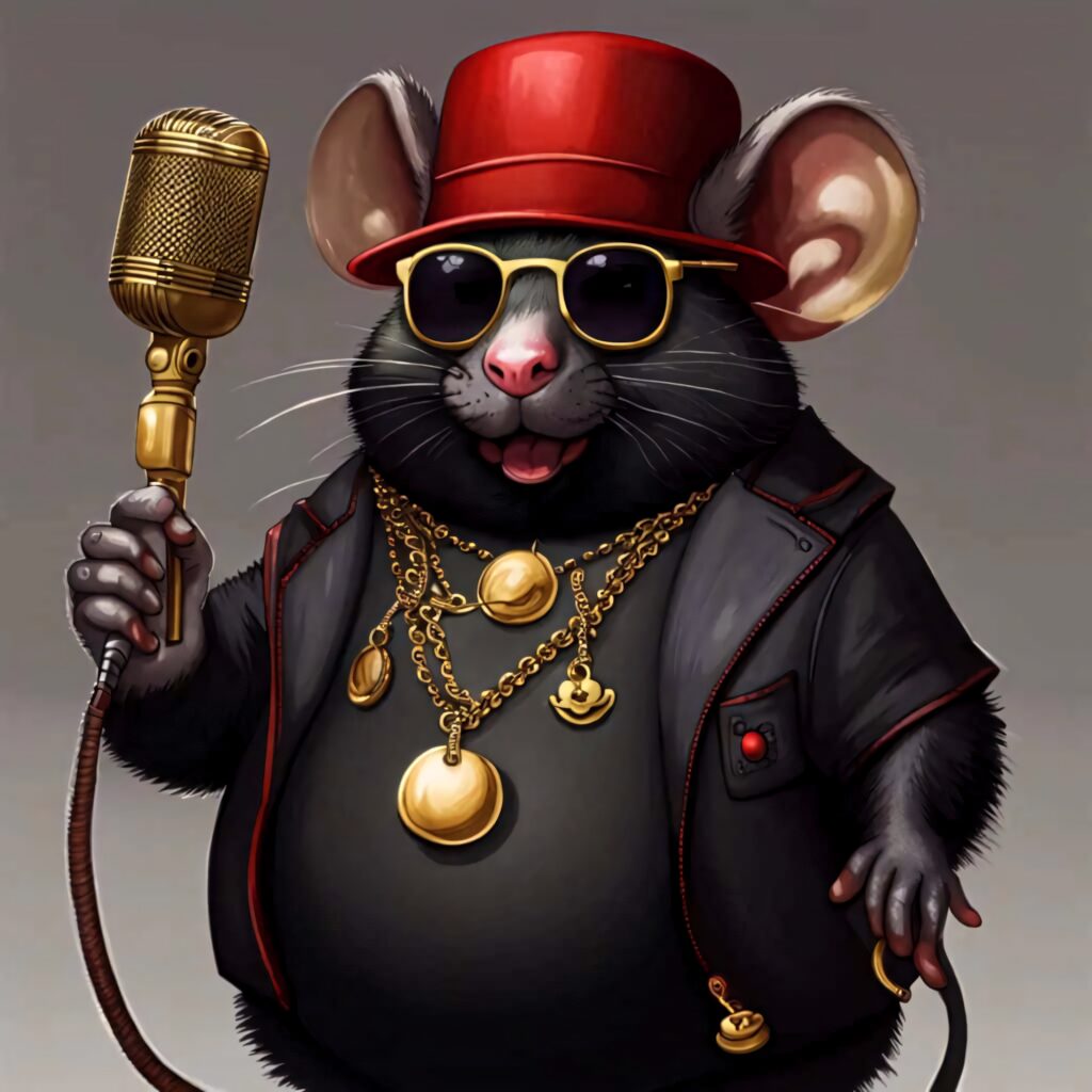 Biggie Cheese rapper mouse wallpaper with red hat sunglasses gold chains holding vintage mic