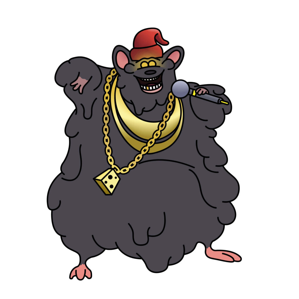 Biggie Cheese rapping mouse with gold cheese chain holding microphone vibrant Barnyard wallpaper