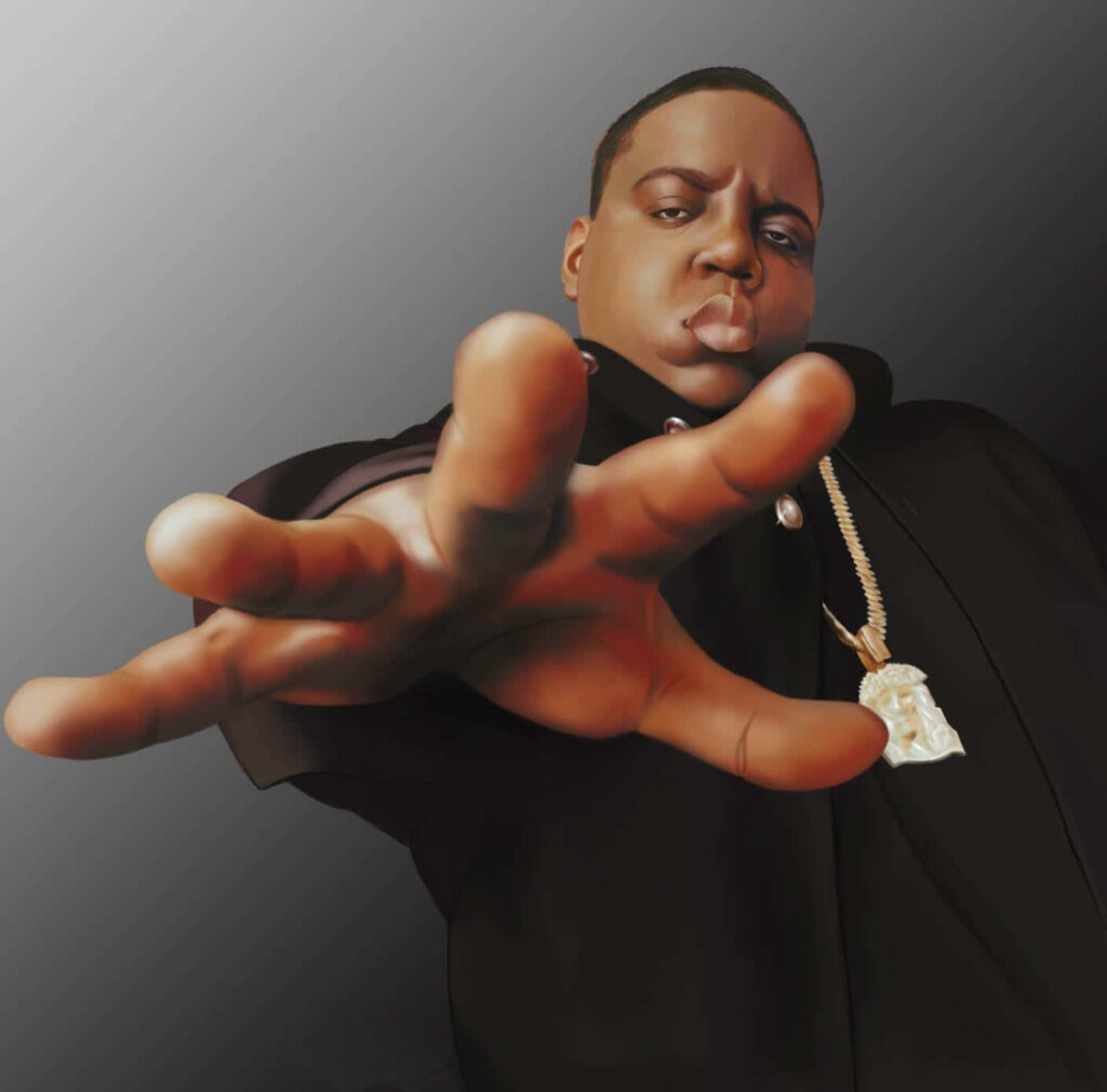 Portrait of Biggie Smalls The Notorious B I G reaching out wearing gold chain on gradient background Wallpaper