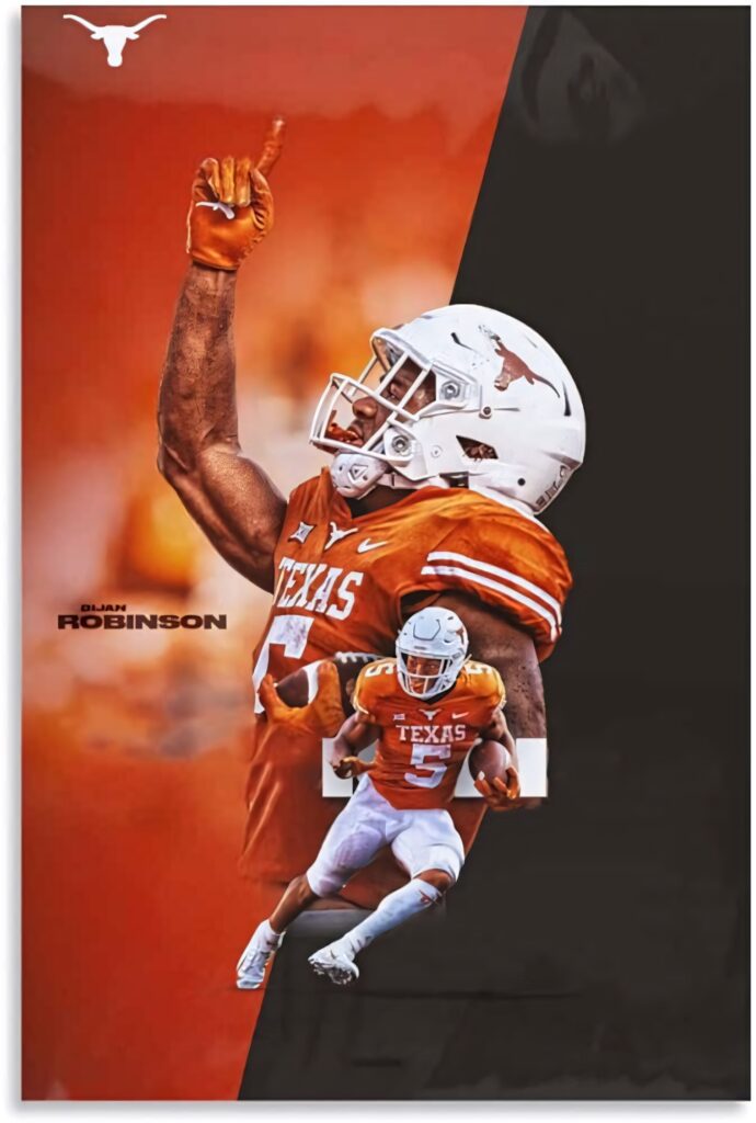 Bijan Robinson Texas Longhorns football action pose wallpaper showcasing athleticism and passion